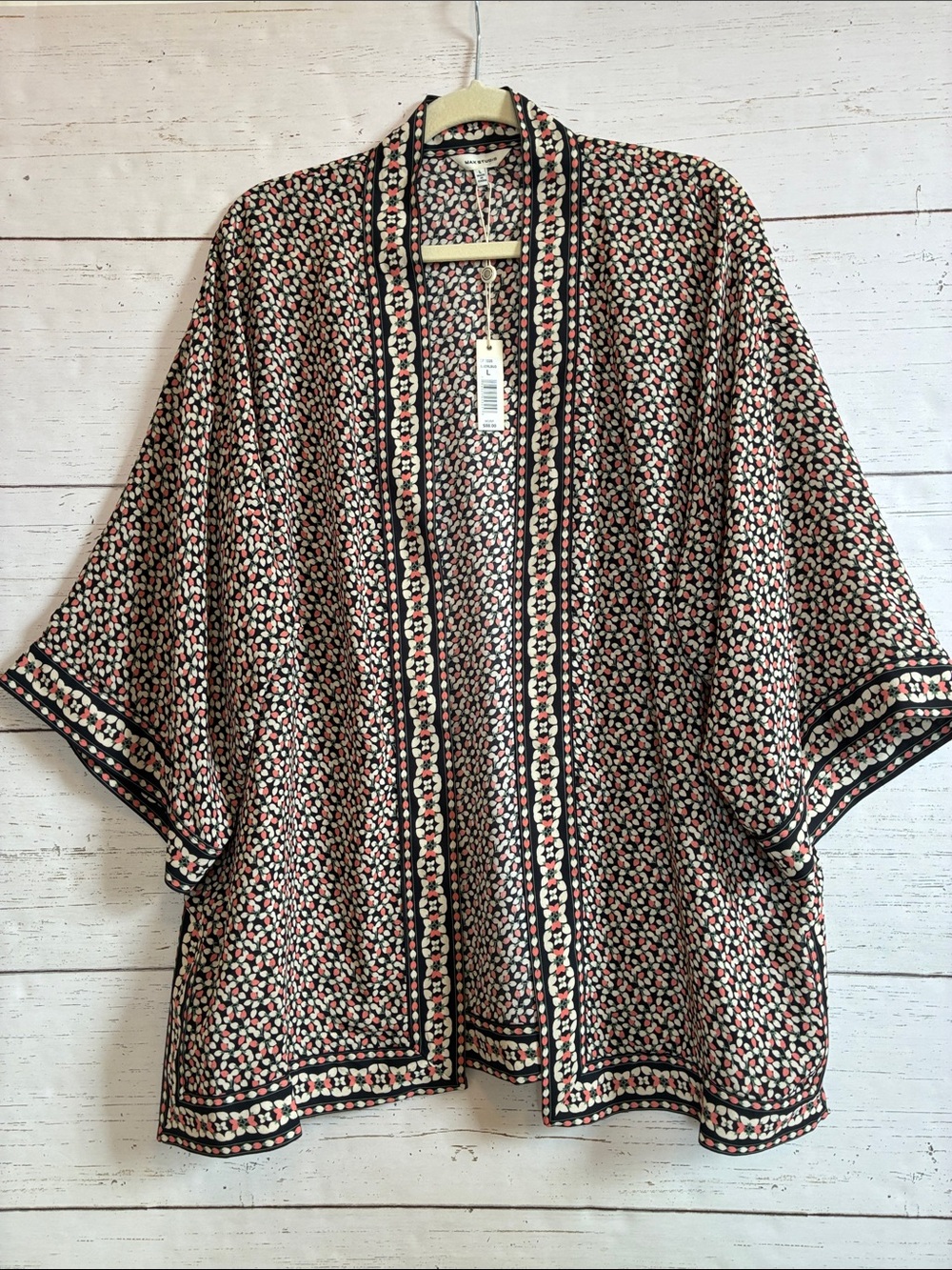 Max Studio Open-Front Kimono/Coverup- Black, Cream & Coral, sz L, NWT